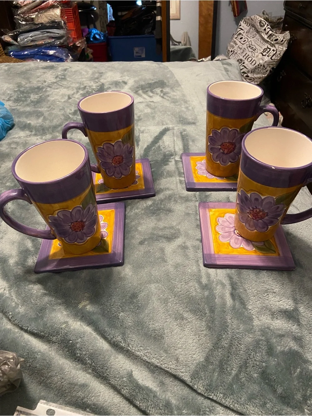 Classified Purple and Yellow Floral Ceramic Mug and Coaster Set - 4pc